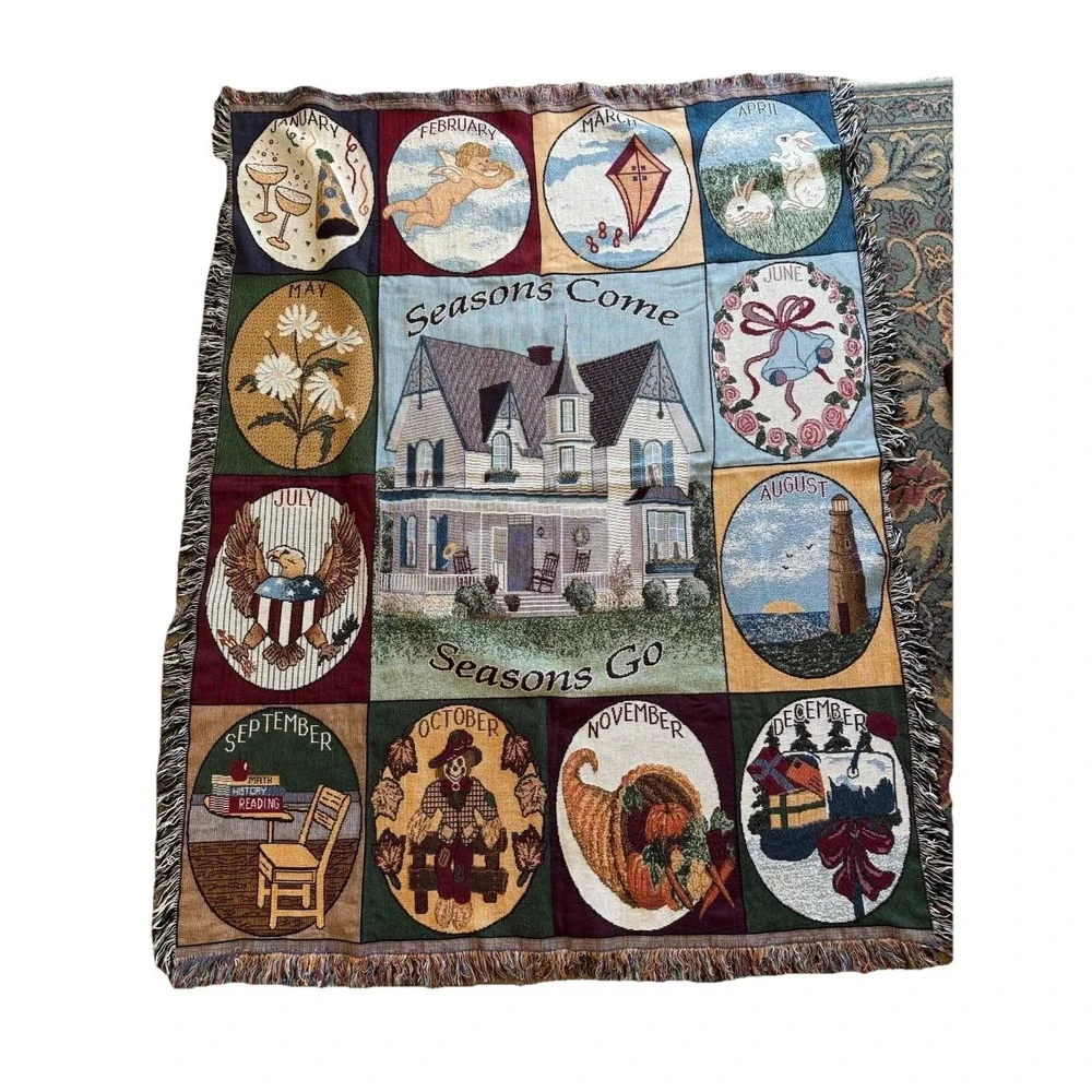 Vtg Knit Throw Tapestry Blanket Seasons Come Seasons Go Theme 72